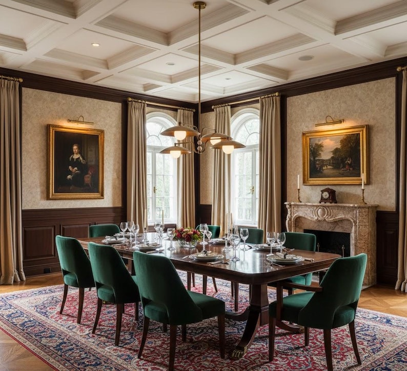 May include: Elegant dining room with a long wooden table set for a meal. Features include green velvet chairs, a patterned rug, artwork, a fireplace, and a stylish chandelier. The room has a classic, upscale ambiance.