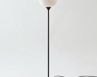 Mid Century Modern Brass Floor Lamp, Frosted Bowl Shade