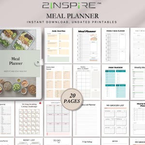 Meal Planner, Weekly and Monthly Food Organizer, Grocery List, Nutrition Tracker, Diet and Fitness Meal Planning Printable, Digital Download