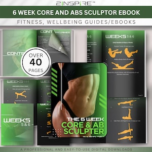 May include: An ebook titled "6 Week Core and Abs Sculptor" with fitness and wellbeing guides. The cover shows a woman's torso and exercise illustrations. The ebook has over 40 pages and is a professional and easy-to-use digital download.