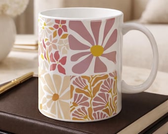 Modern Floral Ceramic Mug, Minimal Linocut Flower Coffee Cup, Neutral Botanical Mug, Gift for Her, Stylish Everyday Mug