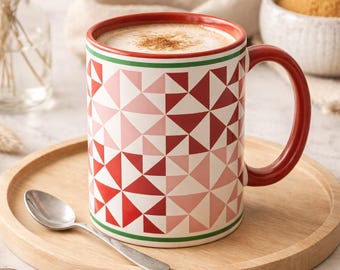 Valentine's Day GIft, Geometric Quilt Pattern Mug, Comfort Cup with Purpose, Gift for Women of Faith, Heirloom Style Mug for Slow Mornings