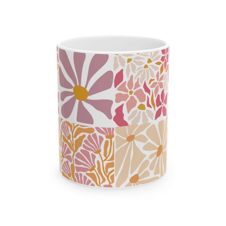 Modern Floral Ceramic Mug, Minimal Linocut Flower Coffee Cup, Neutral Botanical Mug, Gift for Her, Stylish Everyday Mug image 3