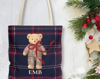 Personalized Christmas Tote Bag for Women and Girls, Vintage Teddy Bear Plaid Tote, Monogram Holiday Gift Bag, Christmas Gift for Daughter