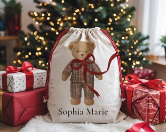 Personalized Christmas Gift Bag for Girls, Preppy Teddy Bear Santa Sack, Tartan Plaid Holiday Gift Bag, Reusable Christmas Present Bag