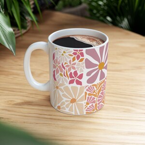 Modern Floral Ceramic Mug, Minimal Linocut Flower Coffee Cup, Neutral Botanical Mug, Gift for Her, Stylish Everyday Mug image 11