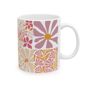 Modern Floral Ceramic Mug, Minimal Linocut Flower Coffee Cup, Neutral Botanical Mug, Gift for Her, Stylish Everyday Mug image 6