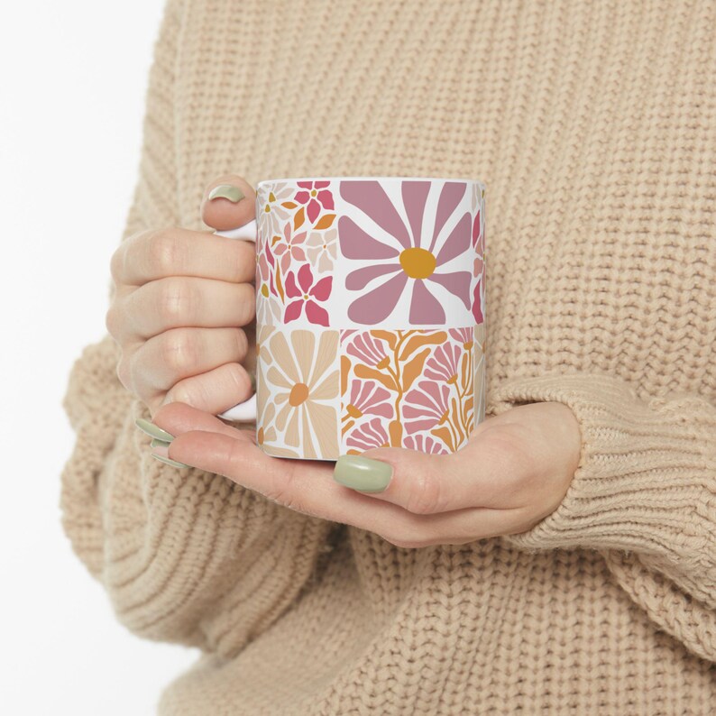 Modern Floral Ceramic Mug, Minimal Linocut Flower Coffee Cup, Neutral Botanical Mug, Gift for Her, Stylish Everyday Mug image 10