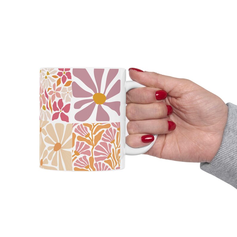 Modern Floral Ceramic Mug, Minimal Linocut Flower Coffee Cup, Neutral Botanical Mug, Gift for Her, Stylish Everyday Mug image 9