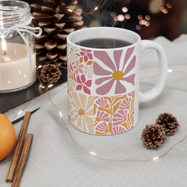 Modern Floral Ceramic Mug, Minimal Linocut Flower Coffee Cup, Neutral Botanical Mug, Gift for Her, Stylish Everyday Mug image 7