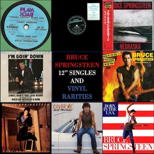 May include: A collection of Bruce Springsteen album covers and vinyl singles. The image features the album "Nebraska" and singles such as "Born in the U.S.A." and "Cover Me." The text "Bruce Springsteen 12" Singles and Vinyl Rarities" is displayed.