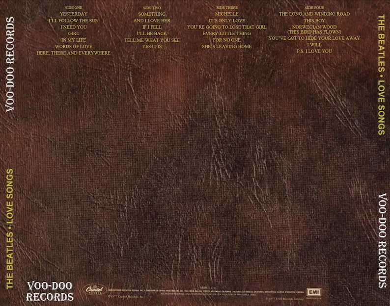 May include: A vintage album cover for "The Beatles: Love Songs" on Voo-Doo Records. The cover is a textured brown with song titles listed on the left and right sides. The album title and artist name are in gold.