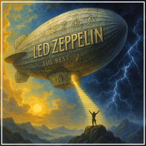 May include: An artistic rendering of a zeppelin with the text "LED ZEPPELIN THE BEST" in gold lettering. A person stands on a mountain with arms raised, a beam of light shining from the zeppelin. Lightning strikes in the background.