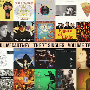 Könnte beinhalten: Eine Sammlung von Paul McCartney Albumcovern, darunter "Press", "McCartney" und "Figure of Eight". Die Cover zeigen verschiedene Designs, Porträts und Texte, mit dem Titel "The 7" Singles Volume Two" prominent dargestellt.