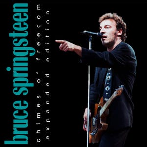 May include: Album cover for Bruce Springsteen's "Chimes of Freedom Expanded Edition." The image features Springsteen on stage, pointing with his right hand, holding a guitar, and singing into a microphone. The album title is vertically stacked on the left.
