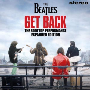 May include: Album cover for The Beatles' "Get Back: The Rooftop Performance Expanded Edition." The image shows the band performing on a rooftop, with the album title in large red letters. The word "stereo" is in the upper right corner.