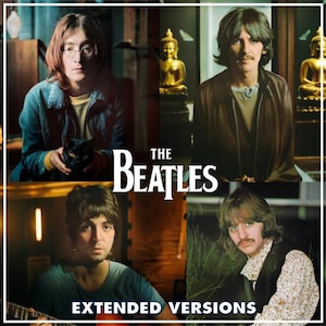 Puede incluir: Imagen promocional de The Beatles, dividida en cuatro secciones, cada una con un miembro de la banda. El nombre de la banda está en texto blanco. Las palabras "EXTENDED VERSIONS" están en la parte inferior. La imagen tiene una estética vintage.