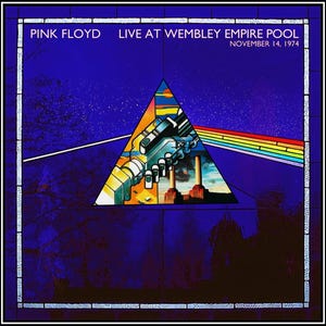 May include: Pink Floyd "Live at Wembley Empire Pool" album cover. The image features a blue background with a white border. A triangular prism refracts light into a rainbow. The album title and date, November 14, 1974, are displayed at the top.