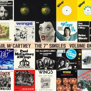 May include: A collection of Paul McCartney and Wings 7" singles, Volume One. The album covers feature various designs, including portraits, band photos, and album art. The color palette includes yellow, black, red, and white.