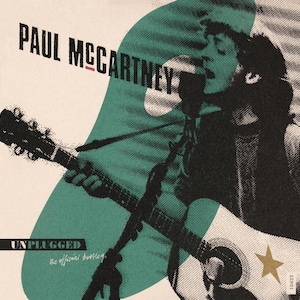 May include: Album cover for Paul McCartney's "Unplugged" featuring a black and white image of McCartney playing a guitar. The album title and artist name are in bold black text, with a teal and white background.