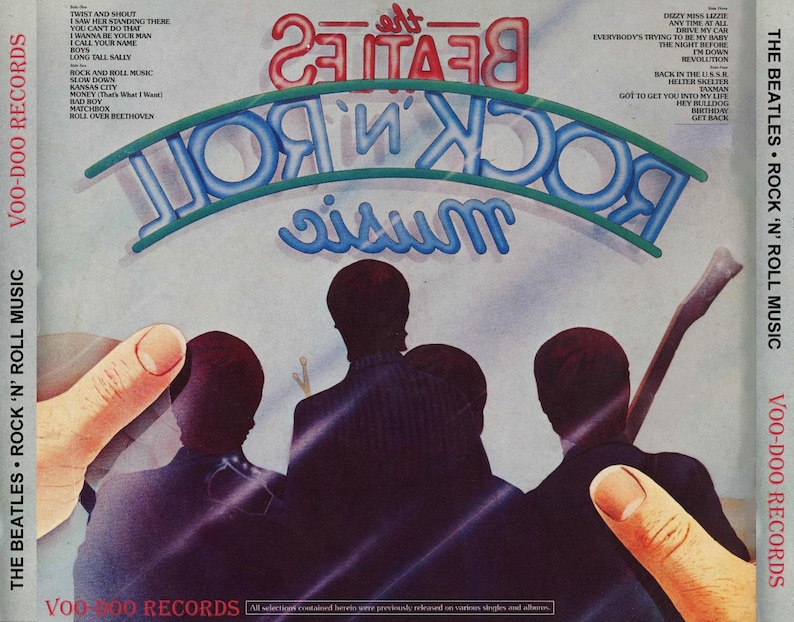 Puede incluir: Portada del &aacute;lbum "The Beatles: Rock 'N' Roll Music" en Voo-Doo Records. La portada presenta las siluetas de la banda, texto estilo ne&oacute;n y un gr&aacute;fico de mano. La lista de canciones es visible en los lados izquierdo y derecho.