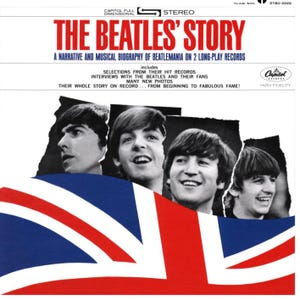 Puede incluir: Portada del álbum "The Beatles' Story" con fotos en blanco y negro de los Beatles sobre una bandera británica. El título es rojo, con texto blanco. El álbum es una biografía musical.