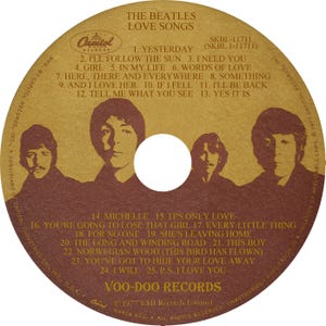 May include: A vintage vinyl record for "Love Songs" by The Beatles. The album cover is a sepia tone with the band's silhouettes and song titles. The Capitol Records logo is visible.
