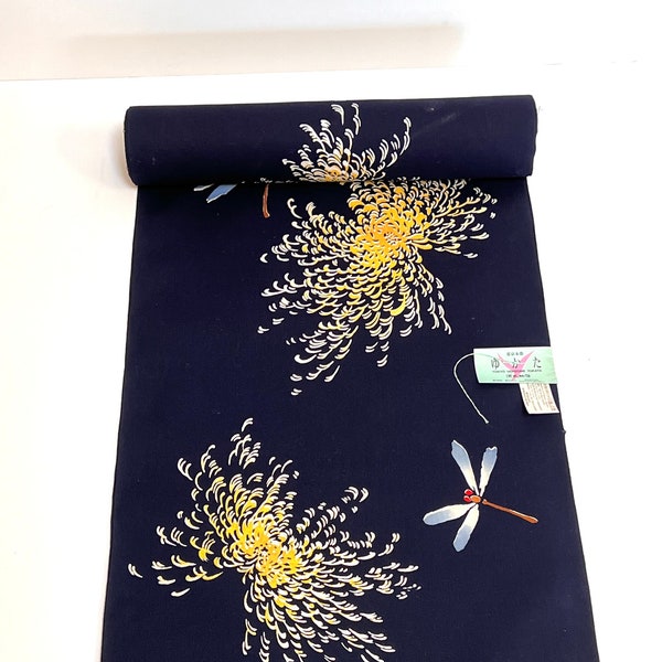 Tissu de kimono yukata en coton bleu indigo libellule et fleur de kiku lunatique boulon par mètre de longueur tissu japonais écologique durable