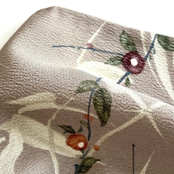 Putty Gray 100% Silk Kimono Fabric Chirimen Japanese Silk Panels Bamboo Plum Blossom Botanical Floral Plant Sustainable Eco Sewing Gift
