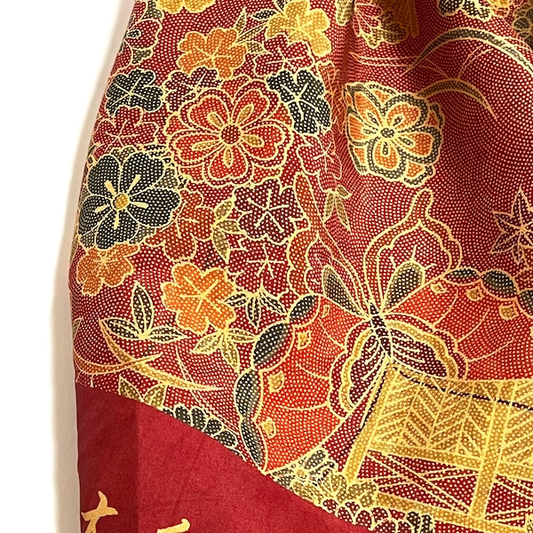 Vintage Japanese Silk Burgundy Floral Kimono Fabric bolt by the yard flower and butterfly 100% Silk OFF the bolt Sustainable Eco Fabric