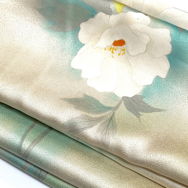 Vintage Japanese 100% Silk shimmering cream silk white floral and bright blues Sustainable Kimono Fabric panels with flower design at end.