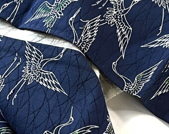 Japanese Blue Silk Kimono Fabric White Cranes with Rinzu Jacquard grass reeds 100% Silk Sustainable Sewing Gift deconstructed kimono panels