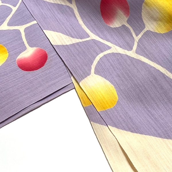 Lilac Japanese Hemp / Cotton Yukata Kimono Fabric Panel bolt by the yard Cotton 70/30% Hemp bold modern pattern of yellow red and white