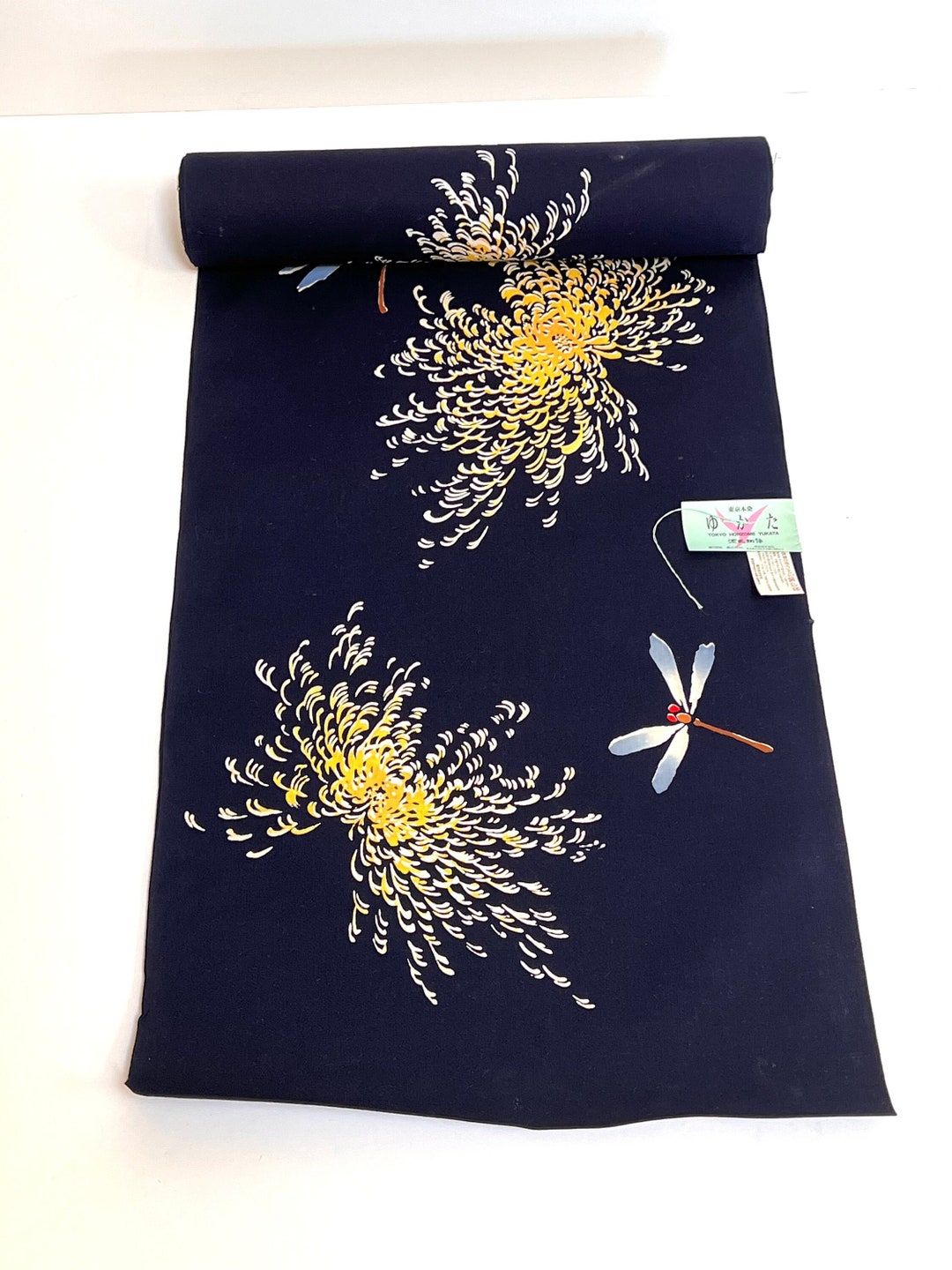 Indigo Blue Cotton Yukata Kimono Fabric Dragonfly and Kiku Flower Whimsical Bolt by the Yard in