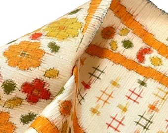 Cream IKAT Silk Tsumugi Kimono Fabric unused bolt by the yard Tatewaku Floral orange green Pattern abstract hourglass 100% Silk OFF the bolt