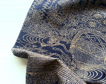 Vintage Kimono Silk Fabric Panel: Edo Komon Floral, Blue & Blush