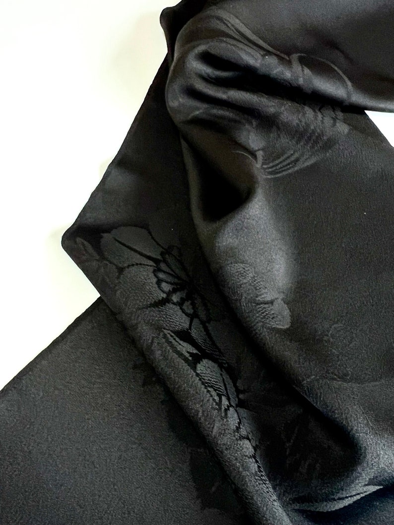 Black Vintage Silk Kimono Fabric woven floral jacquard Japanese 100% silk textile. Sustainable sewing materials Eco Friendly image 3