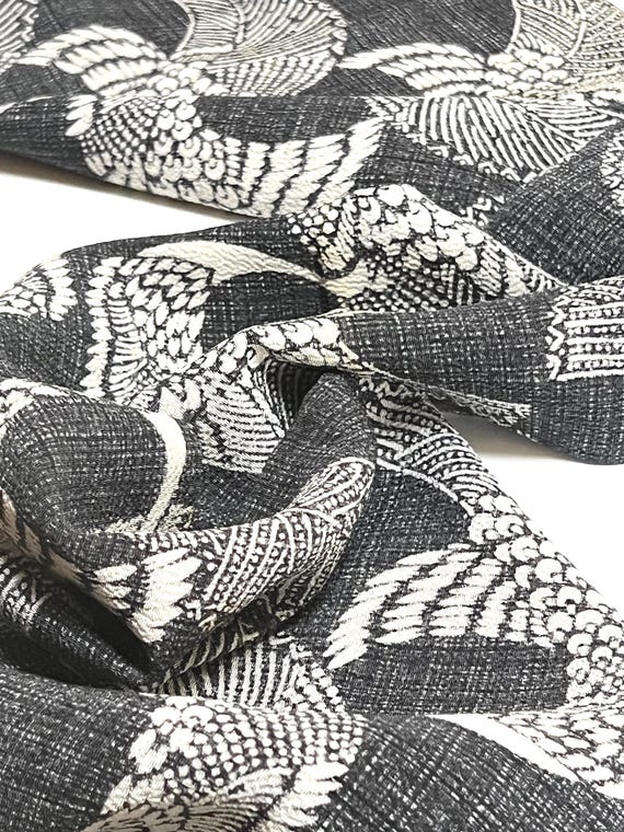 Vintage Japanese Chirimen Silk Fabric: Charcoal Gray Peacock Crepe
