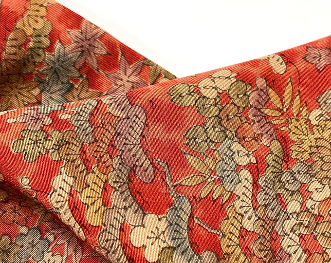 Rusty Red Japanese Silk Kimono Fabric Panels Traditional Floral Plant 100 Silk Sustainable Eco