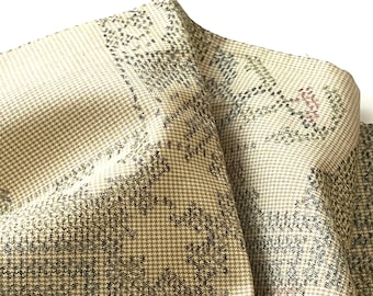 Creamy Beige IKAT Tsumugi Silk Fabric: Geometric Maple Design from deconstructed Kimono