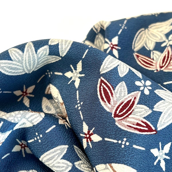 Vintage Japanese Silk Kimono Fabric Panels floral design deep dusty blue 100% Silk Circle with lotus and fans Sustainable Eco Sewing Gift