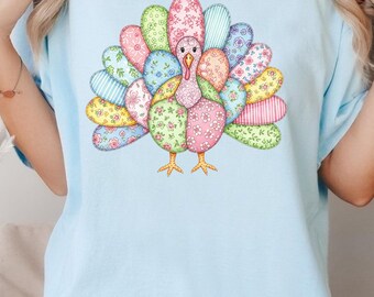 pastel patchwork Turkey DTF, Thanksgiving DTF, patchwork DTF