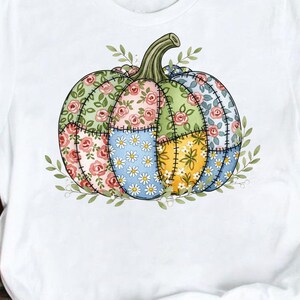 K&ouml;nnte beinhalten: Wei&szlig;es T-Shirt mit einem Patchwork-K&uuml;rbis-Design. Der K&uuml;rbis ist in Abschnitte mit Blumen- und G&auml;nsebl&uuml;mchenmustern in Rosa, Blau, Gr&uuml;n und Gelb unterteilt. Gr&uuml;ne Bl&auml;tter und ein Stiel vervollst&auml;ndigen das Design.