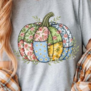K&ouml;nnte beinhalten: Graues T-Shirt mit einem bunten K&uuml;rbisdesign. Der K&uuml;rbis ist in Abschnitte mit floralen Mustern in Rosa, Gr&uuml;n, Blau und Gelb unterteilt. Gr&uuml;ne Bl&auml;tter und ein Stiel vervollst&auml;ndigen das Design.