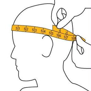 May include: Illustration showing a person's head with a measuring tape wrapped around it. The tape is yellow with black numbers indicating the head circumference in centimeters. Hands are holding the tape in place.