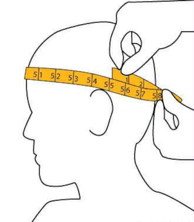 May include: Illustration showing a person's head with a measuring tape wrapped around it. The tape is yellow with black numbers indicating the head circumference in centimeters. Hands are holding the tape in place.