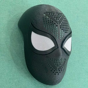 May include: A black mask with white mesh eye coverings. The mask has a textured surface and numerous small perforations across the top and sides. The eye openings are outlined in black.