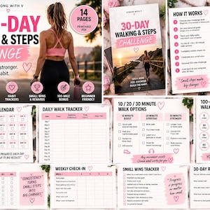 May include: A 14-page printable PDF 30-day walking and steps challenge planner featuring a daily tracker, habit tracker, 100-mile challenge, weekly check-in, and 30-day review. The document uses a pink and white colour scheme with heart icons.