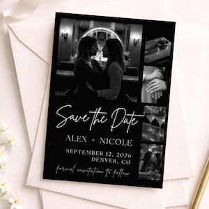 Puede incluir: Tarjeta "Save the Date" en blanco y negro con varias fotos. La tarjeta incluye los nombres ALEX + NICOLE, la fecha 12 de septiembre de 2026 y la ciudad de Denver, CO. También se incluye el texto "formal invitation to follow".