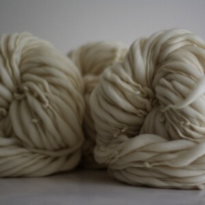 May include: Two skeins of thick, white yarn, each wound into a loose, circular shape. The yarn is soft and fluffy, with a slightly textured surface.